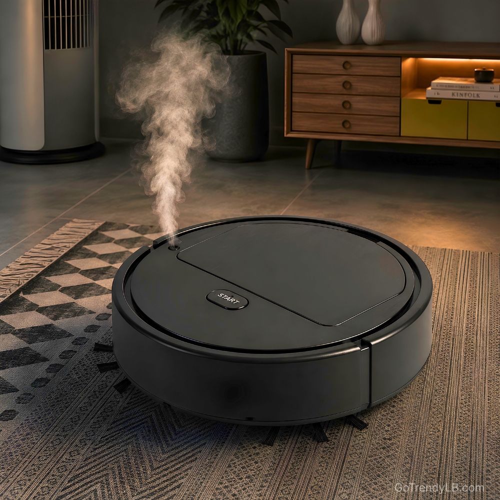 Smart robot vacuum cleaner cleaning hardwood floor in modern living room
