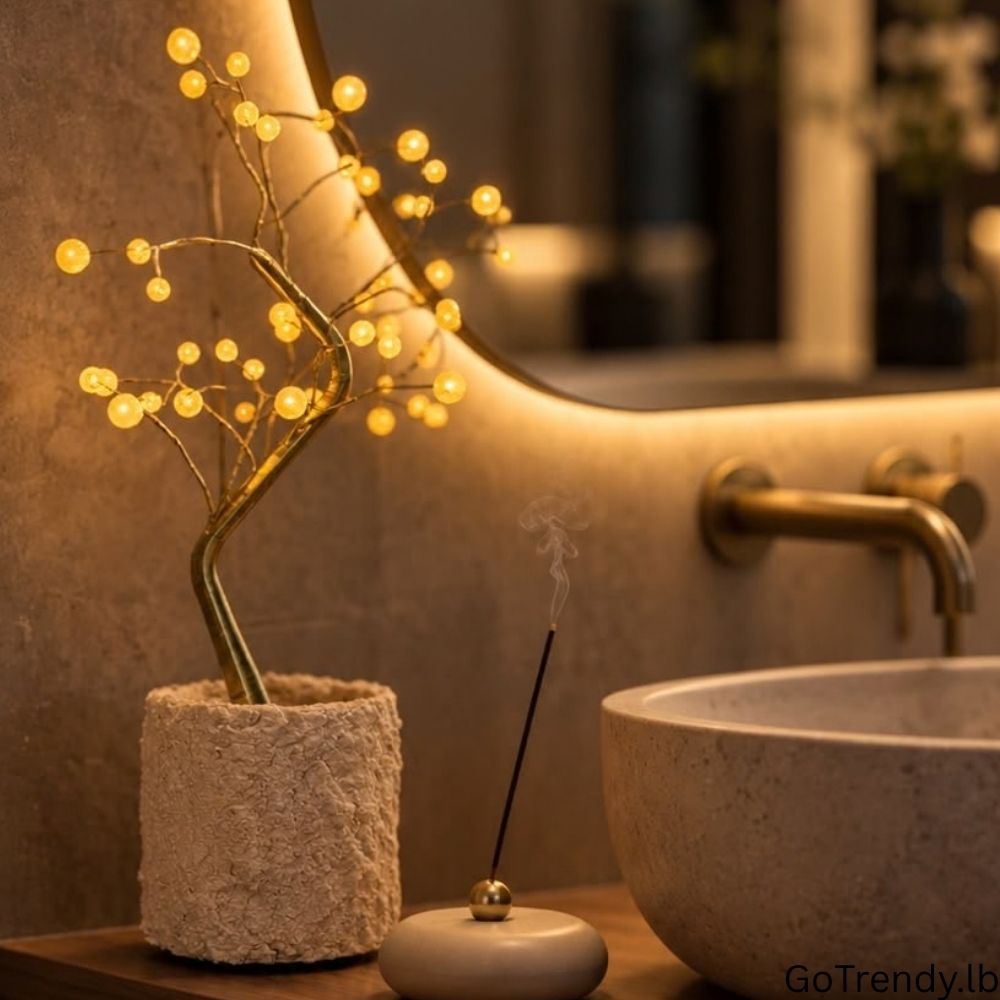Bonsai Tree 36-LED lamp used as warm decorative lighting beside a bathroom sink