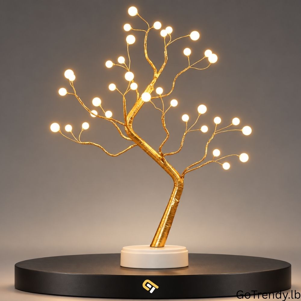 36-LED bonsai tree lamp with warm white lights, golden branches and a white base, shown on a black display platform