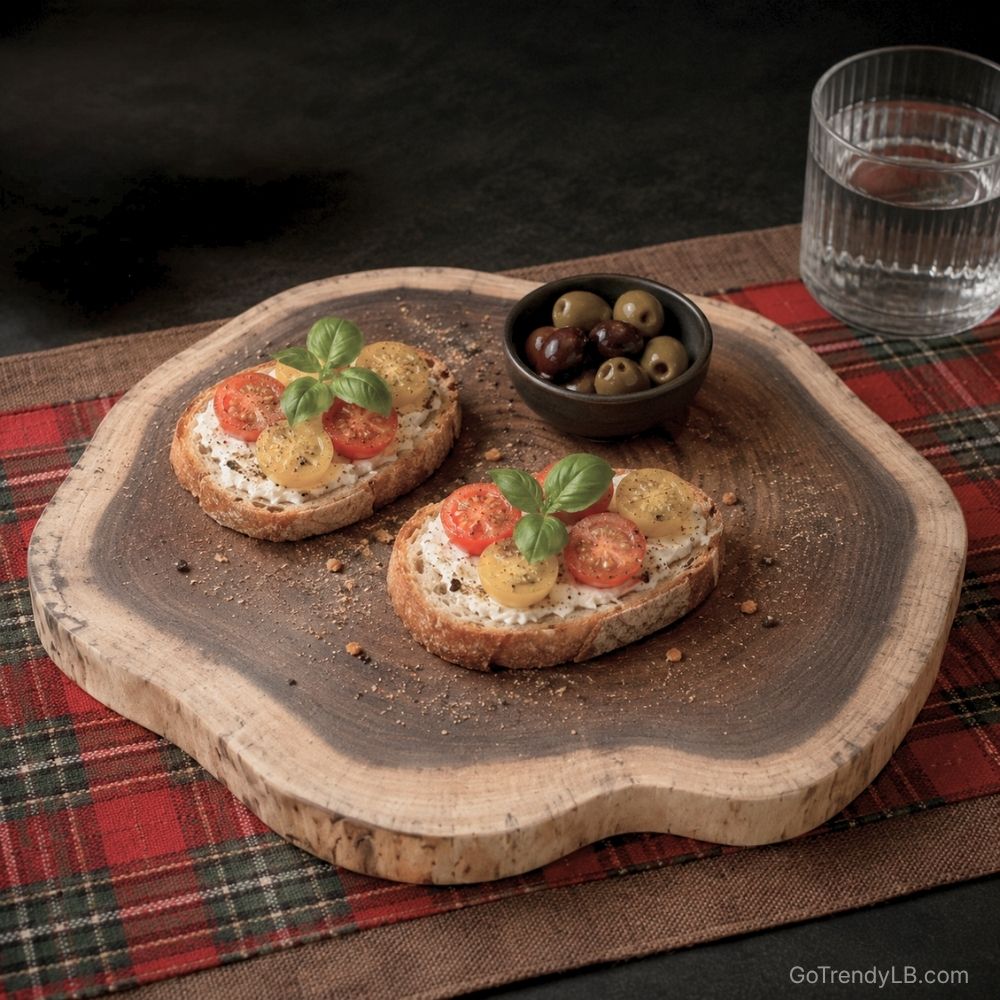 Natural acacia wood serving board for cheese, charcuterie, bread, and appetizer presentation
