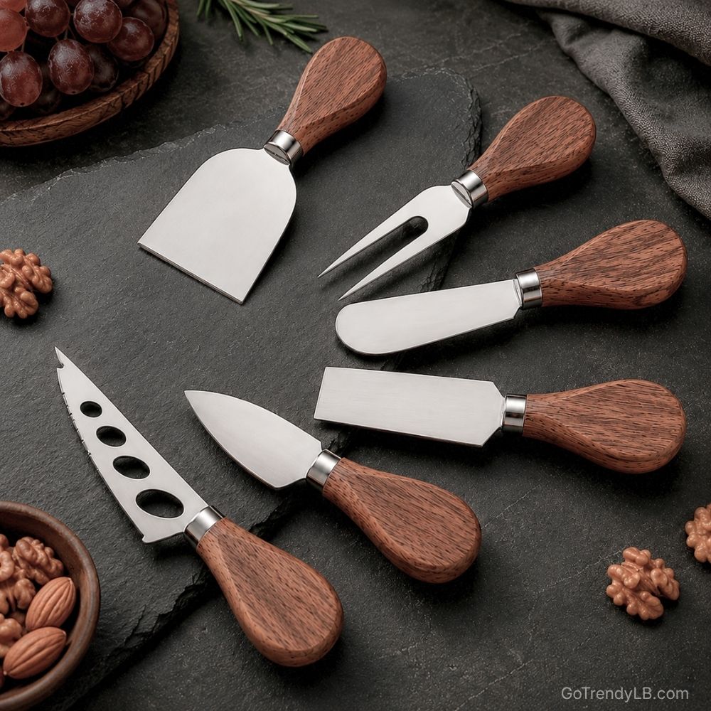 Premium 6-piece cheese knife set with acacia wood handles and stainless steel blades