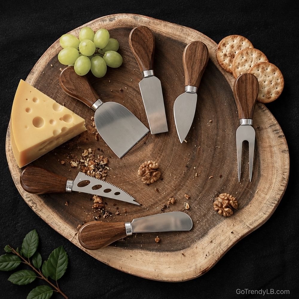 Premium 6-piece cheese knife set with acacia wood handles and stainless steel blades