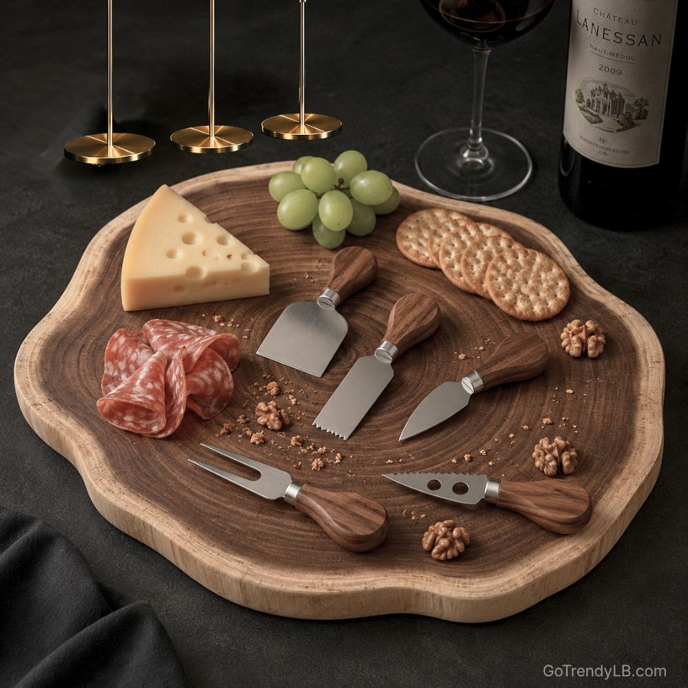 Natural acacia wood serving board for cheese, charcuterie, bread, and appetizer presentation