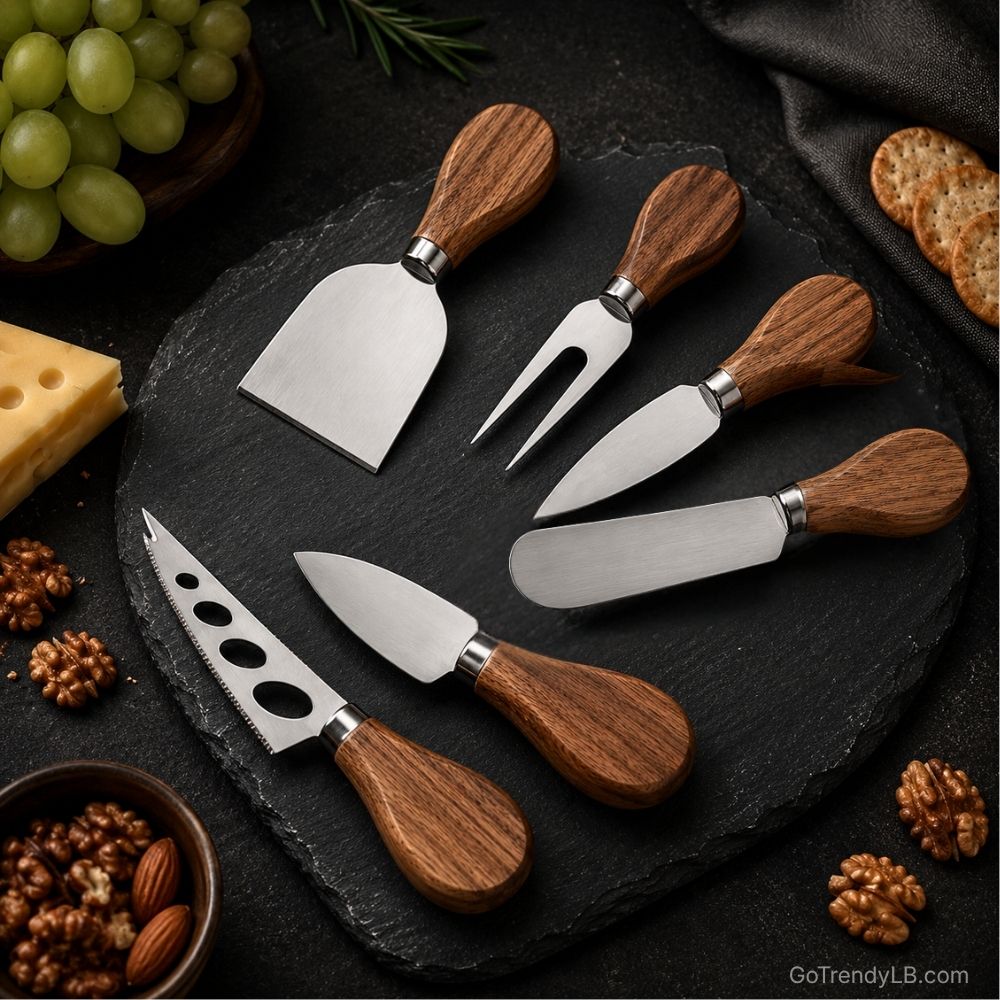 Premium 6-piece cheese knife set with acacia wood handles and stainless steel blades