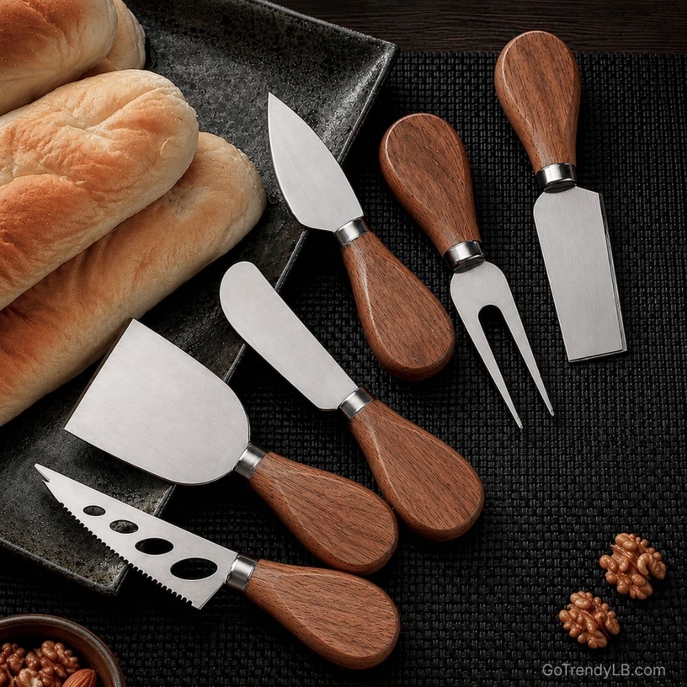 Premium 6-piece cheese knife set with acacia wood handles and stainless steel blades
