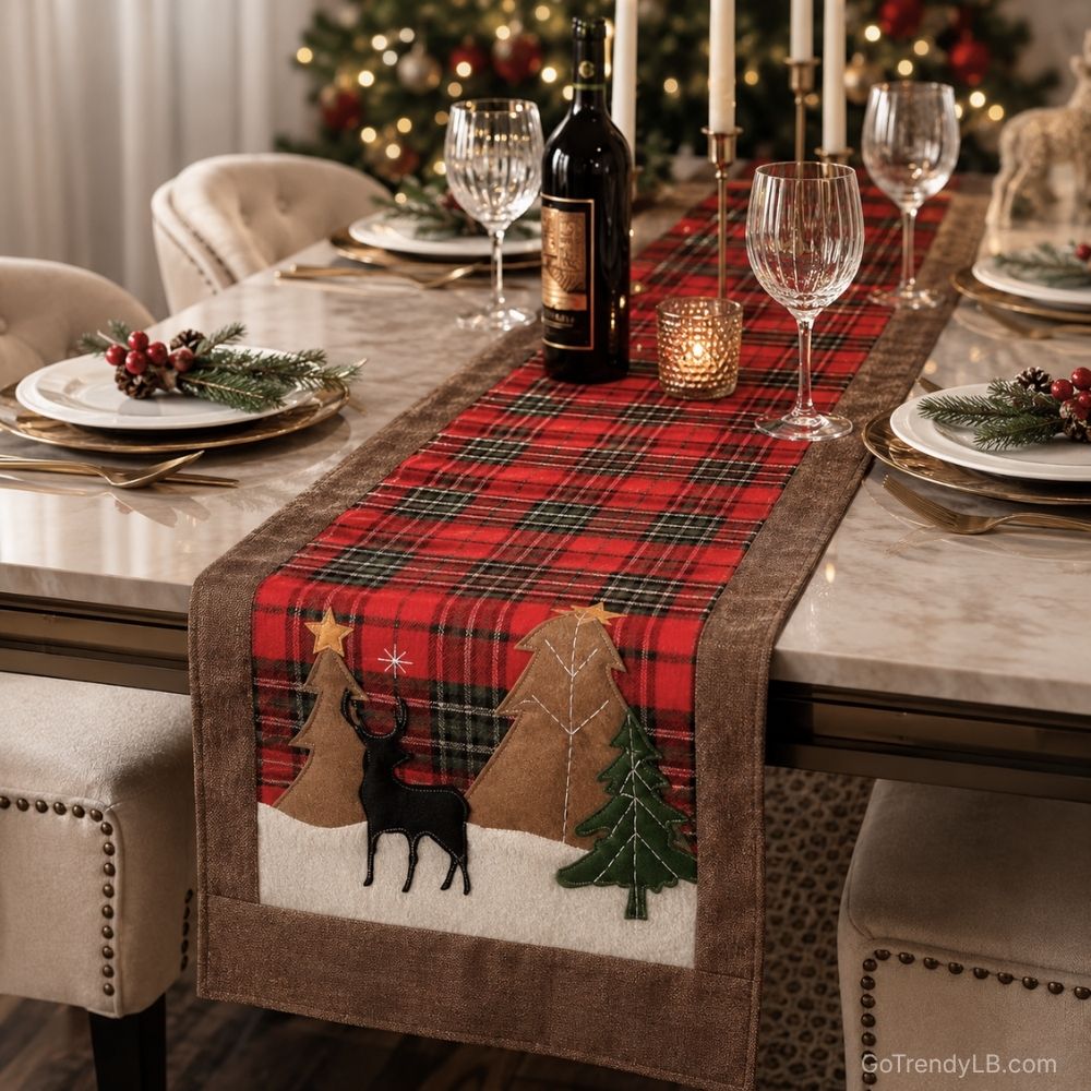 Rustic plaid table runner with tassels for dining table and home decoration