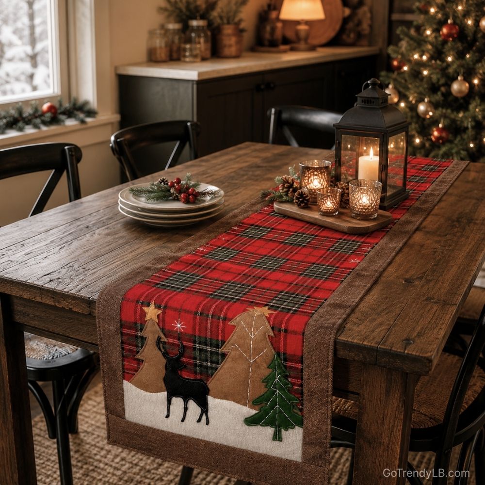 Rustic plaid table runner with tassels for dining table and home decoration