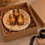Glass flameless LED candle set displayed in an elegant gift box