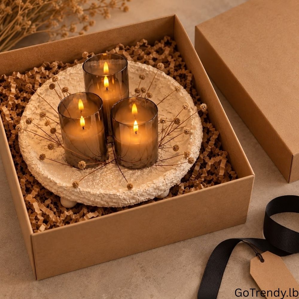 Glass flameless LED candle set displayed in an elegant gift box