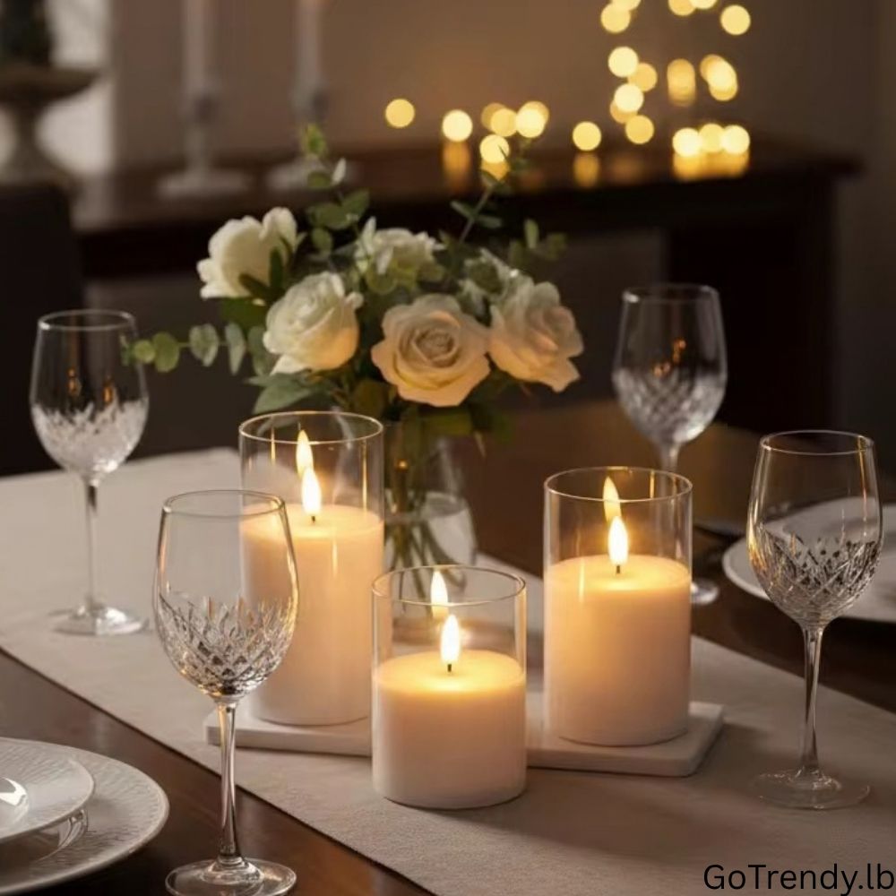 Glass flameless LED candles glowing on an elegant dining table