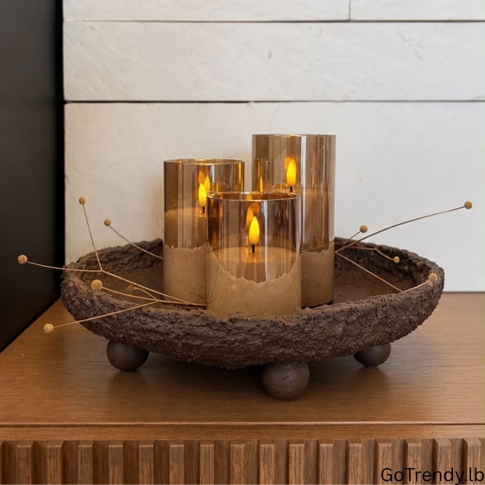 Glass flameless LED candles arranged in a rustic decorative bowl