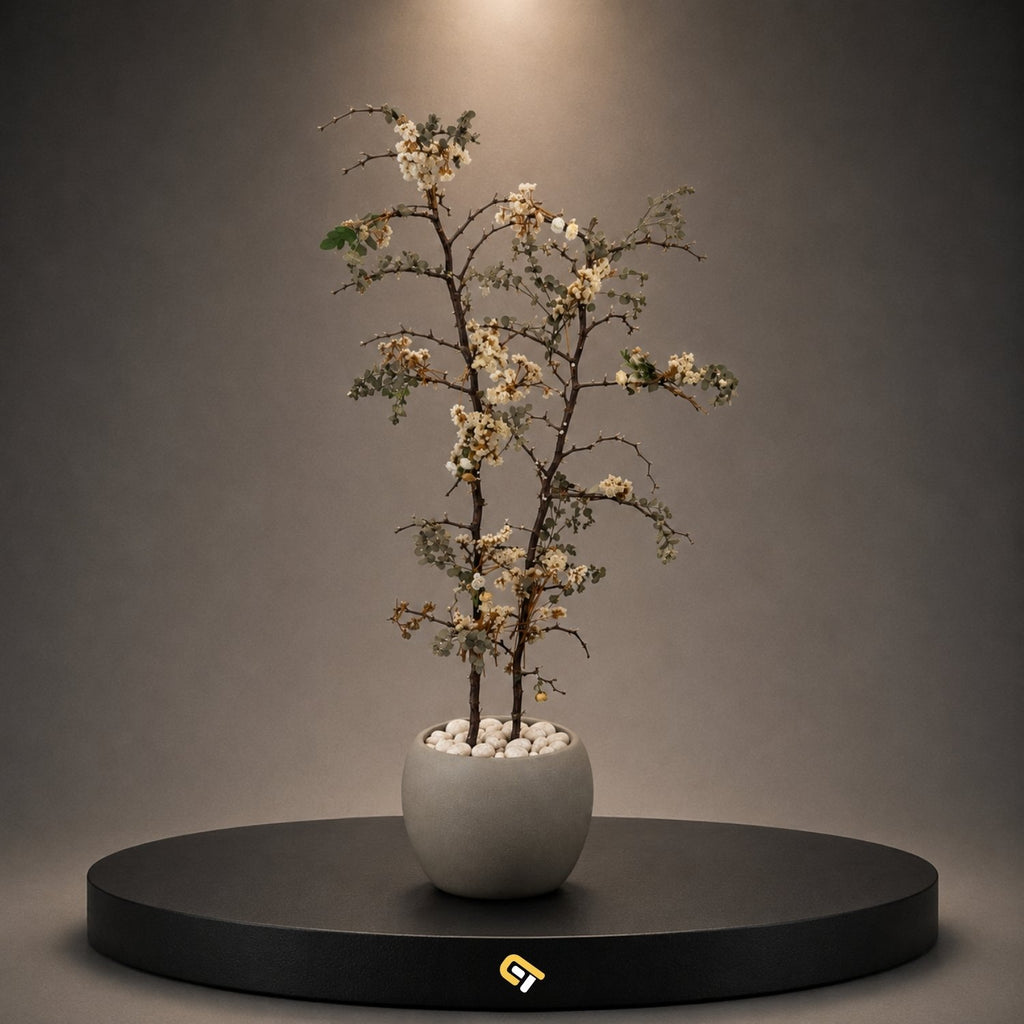 Handcrafted Christ’s Thorn botanical tree with natural eucalyptus, artificial white flowers, decorative stones and modern planter