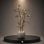 Handcrafted Christ’s Thorn botanical tree with natural eucalyptus, artificial white flowers, decorative stones and modern planter