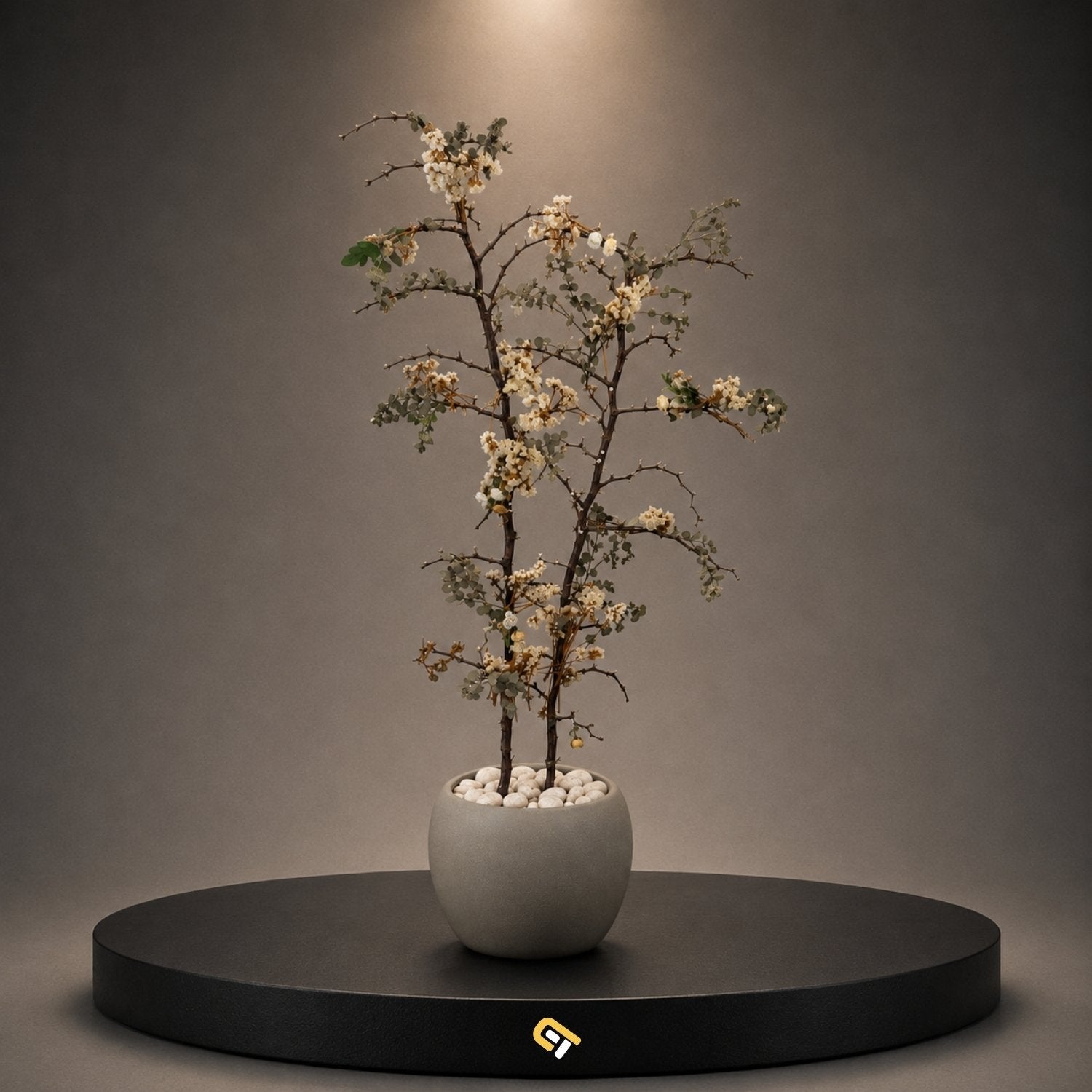 Handcrafted Christ’s Thorn botanical tree with natural eucalyptus, artificial white flowers, decorative stones and modern planter