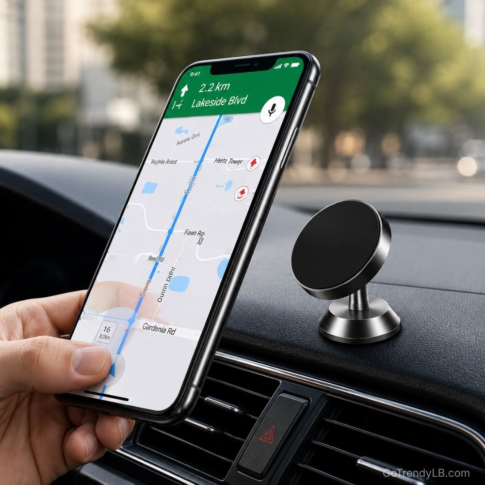 360-degree magnetic phone holder mounted on car dashboard for hands-free driving