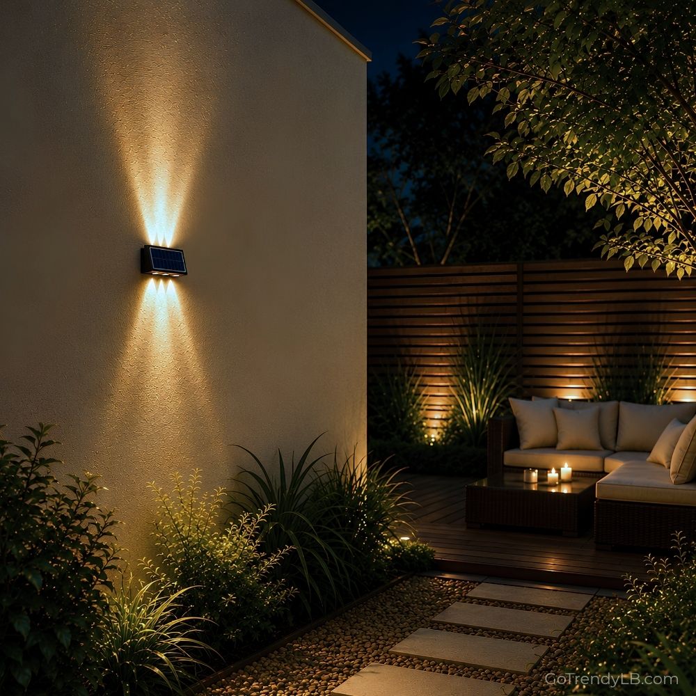 Modern waterproof solar wall light with up and down LED lighting effect for outdoor spaces