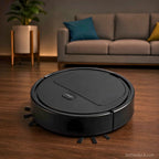 Robot vacuum cleaner automatically cleaning hardwood floors in a modern living room