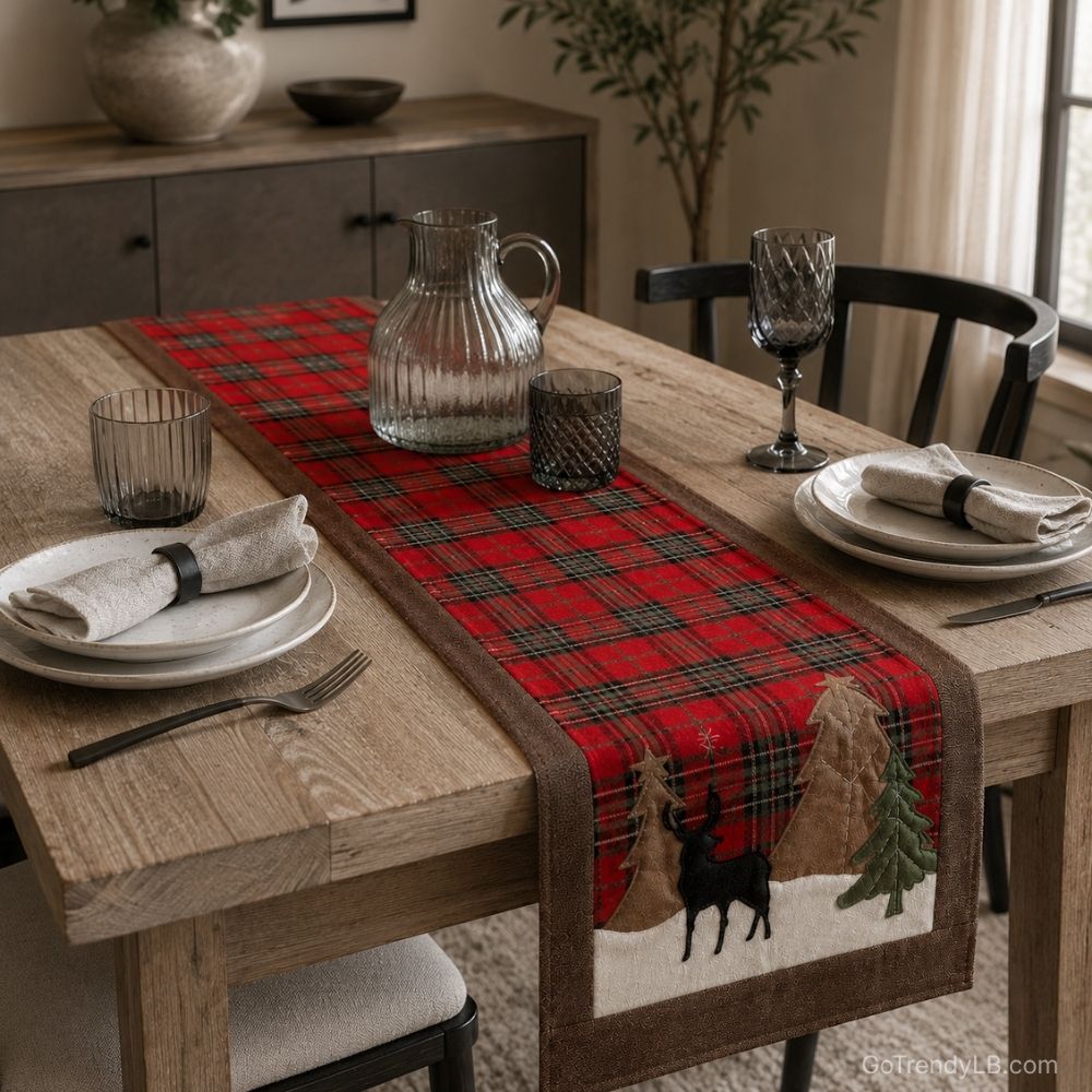 Rustic plaid table runner with tassels for dining table and home decoration