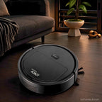 Robot vacuum cleaner automatically cleaning hardwood floors in a modern living room