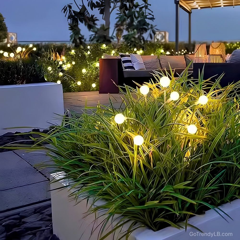 Solar firefly garden lights with warm swaying LED illumination for outdoor pathways and gardens