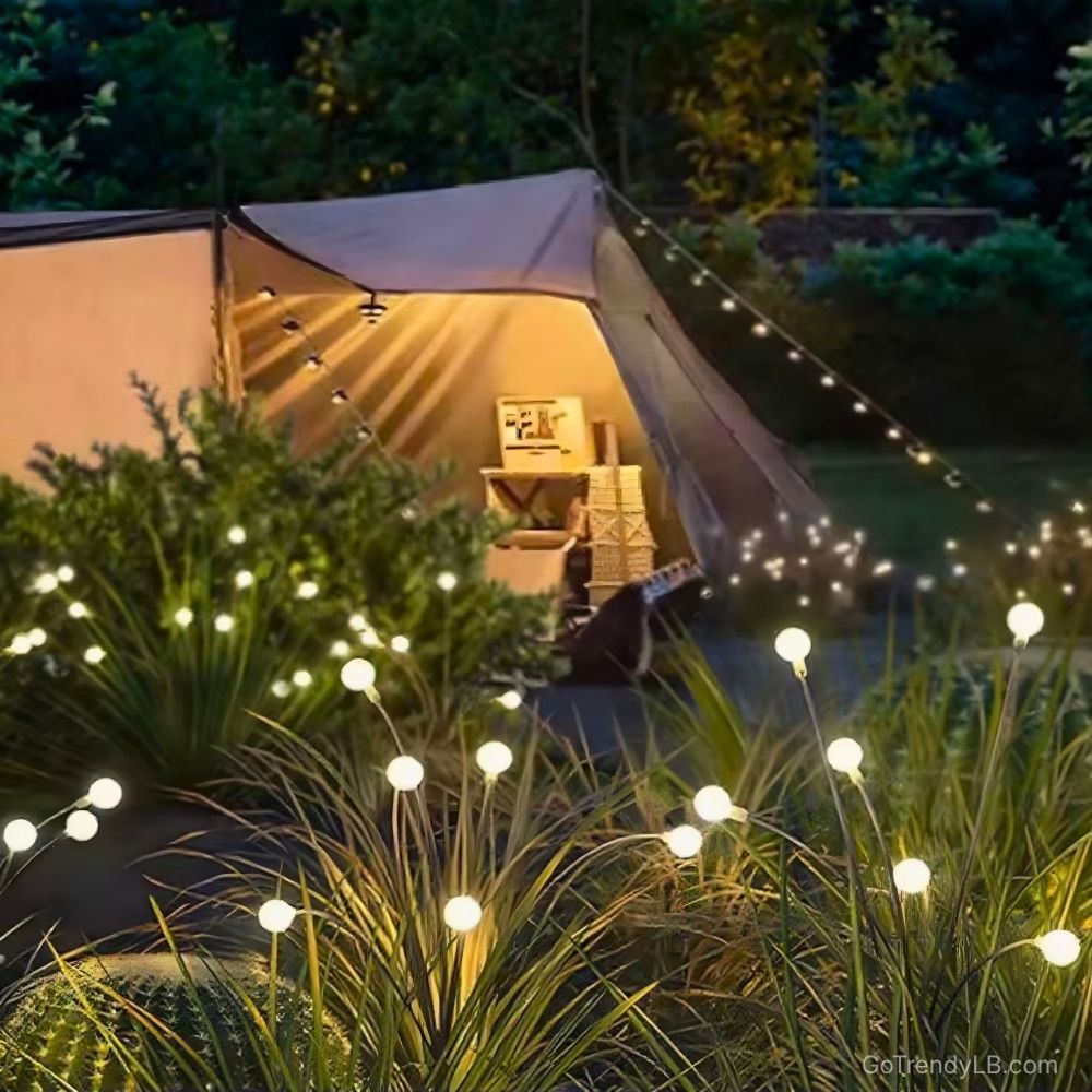 Solar firefly garden lights with warm swaying LED illumination for outdoor pathways and gardens