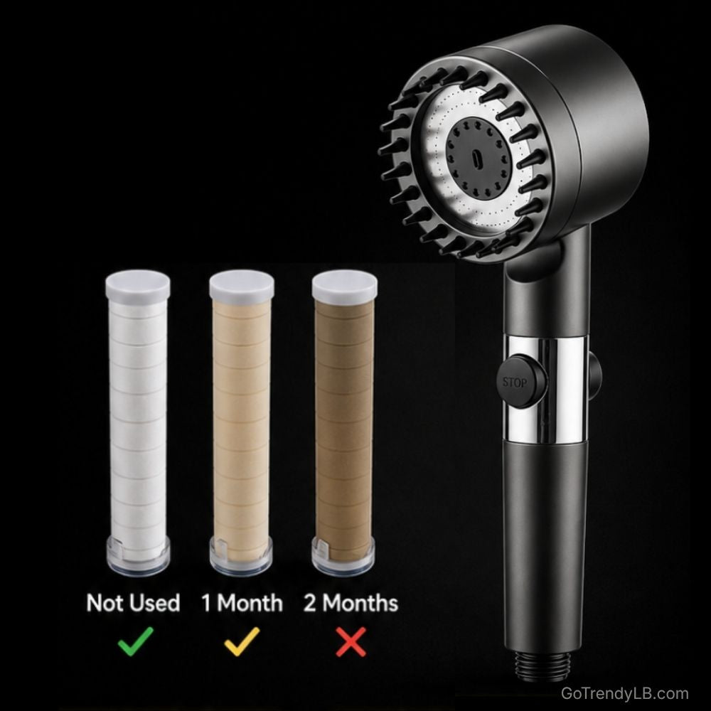 Turbo boost high pressure shower head with built-in water filter and adjustable spray modes