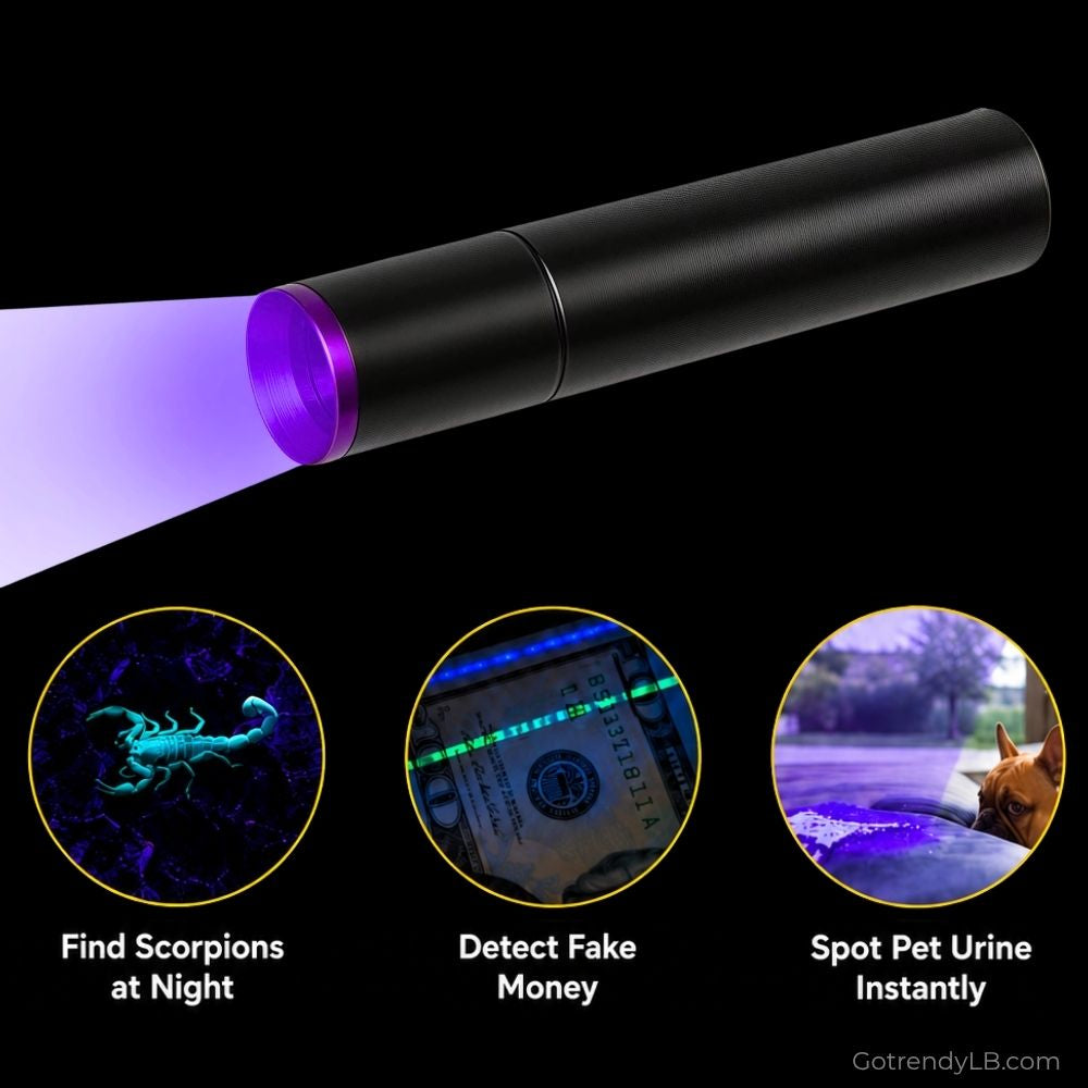 365nm UV black light flashlight for pet stain detection, counterfeit money verification, and scorpion detection